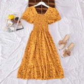 Square Collar Floral Skirt Women's High Waist Floral Dress A-line Dress Elastic Waist Dress