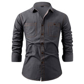 Men's American Style Denim Shirt Cotton Wrinkle Resistant Solid Color Long Sleeve Casual Jacket Trendy Outerwear for Men