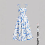 Vintage Floral Print Tie Strap Spaghetti Strap Swing Midi Sundress