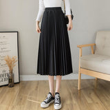 Women Midi Skirt Solid Color Elastic Waist a Line Long Pleated Skirt Casual Flowy Maxi Skirts for Ladies Daily Wear