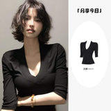 Women Lapel V Neck 3/4 Sleeve Cropped Top Slim Fit Stretch Solid Color Basic Casual Tee Shirt