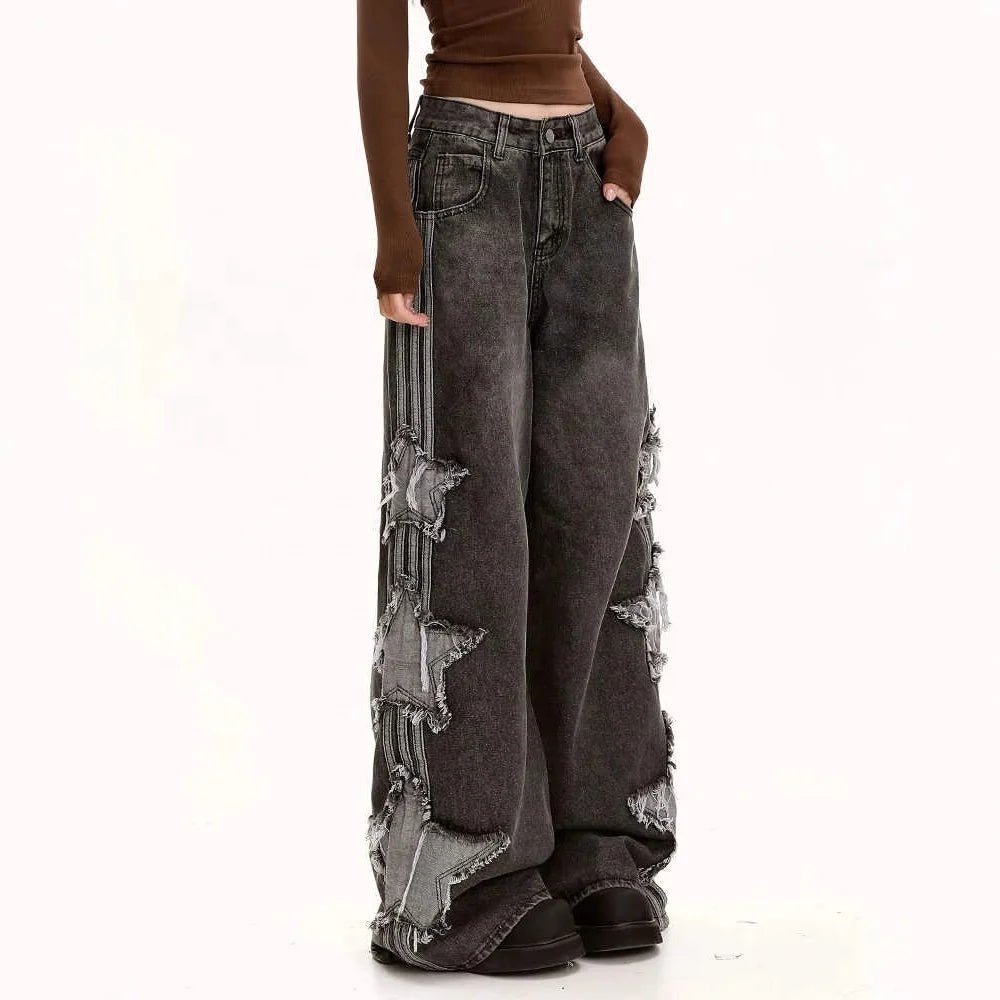 Early Spring Vintage Washed Star Patch Jeans for Men and Women Loose Fit Slimming Wide Leg Floor Length Trousers with Drape - Zeprah