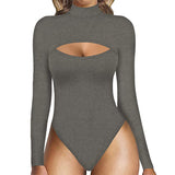 Women Mock Neck Front Cut Out Bodysuit Long Sleeve Solid Stretch Ribbed Body Shaper Fitting Casual Basic Tight Tops