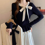 Korean Style Polka Dot Bow Knit Top Women's Slim Fit Long Sleeve Ruffle Hem Casual Top