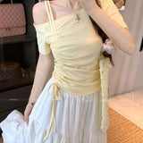New Arrival Women's Off-Shoulder T-Shirt with Ruched Drawstring & Double Strap