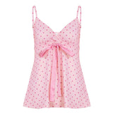 Eco - Friendly Knitted 100% Polyester Long Pink Polka Dot Homewear Camisole Comfortable Sleeveless Tie - Front Vest Summer Loose Fit (Copy) - Zeprah