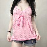 Eco - Friendly Knitted 100% Polyester Long Pink Polka Dot Homewear Camisole Comfortable Sleeveless Tie - Front Vest Summer Loose Fit (Copy) - Zeprah