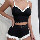 Women's Sexy Spaghetti Strap Pajama Set - Lace Trim & Ruffled Shorts Comfortable Loungewear
