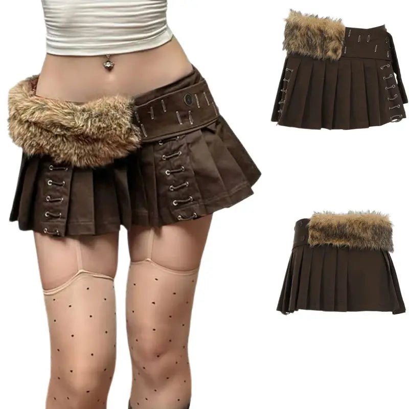 Edgy Fuzzy Belted Mini Skirt | Sexy Street Style with Side Zipper | Slimming Patchwork Natural Waistline Summer Skirt - Zeprah