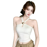 Women Built-in Padded Metal Ring Halter Tank Top Front Keyhole Cutout Side Ruched Slim Fit Cropped Sleeveless Camisole Vest