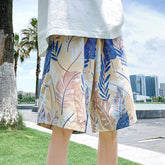 Men Quick Dry Tropical Leaf Print Beach Shorts Elastic Waist Drawstring Casual Board Shorts for Summer Vacation