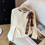 Korean Style Plaid Bow Knit Top Women's Slim Fit Long Sleeve Off Shoulder Casual Top with Side Drawstring