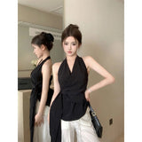 Elegant Backless Neck Sleeveless Shirt Women's Summer Tight Waist Strap Design Shirt Top - Zeprah