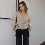 Elegant Belted V Neck Casual Cardigan Women's Soft Solid Color Slim Fit Long Sleeve Knit Top - Zeprah