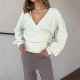 Elegant Belted V Neck Casual Cardigan Women's Soft Solid Color Slim Fit Long Sleeve Knit Top - Zeprah