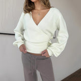 Elegant Belted V Neck Casual Cardigan Women's Soft Solid Color Slim Fit Long Sleeve Knit Top - Zeprah