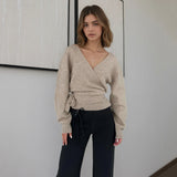 Elegant Belted V Neck Casual Cardigan Women's Soft Solid Color Slim Fit Long Sleeve Knit Top - Zeprah