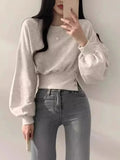 Elegant Buckle Long - sleeved Top Crewneck Loose - fit Women's Long Sleeve Top - Zeprah