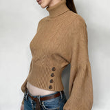 Elegant Casual Breathable Solid Color Crocheted Short Cropped Turtleneck Pullover for Women Autumn - Zeprah