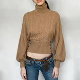 Elegant Casual Breathable Solid Color Crocheted Short Cropped Turtleneck Pullover for Women Autumn - Zeprah