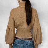 Elegant Casual Breathable Solid Color Crocheted Short Cropped Turtleneck Pullover for Women Autumn - Zeprah