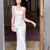 Elegant French Square Neck Sling Dress Waist - Cinching with Slit Korean Dresses Premium Evening Gown for Annual Party - Zeprah