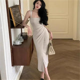 Elegant French Square Neck Sling Dress Waist - Cinching with Slit Korean Dresses Premium Evening Gown for Annual Party - Zeprah