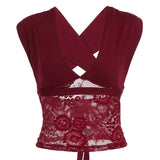 Elegant Sexy V - neck Breathable Eco - Friendly Knitted Short Tank Tops Backless Design with Lace Trim - Zeprah