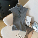 Elegant Solid Vintage Sleeveless Women's Top Stretch Knitted Tight Vest Fashionable Slim Fit Short Tank Top - Zeprah