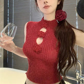 Elegant Solid Vintage Sleeveless Women's Top Stretch Knitted Tight Vest Fashionable Slim Fit Short Tank Top - Zeprah