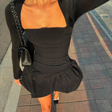 Elegant Stretchy Blossom Dress Square Neck Solid Color Slim Fit Long Sleeve for Party - Zeprah