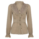 Elegant Tied - Waist V - Neck Blouse | Renaissance & Retro Style | Lace Trim & Eco - Friendly Fabric - Zeprah