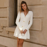 Elegant Woolen Women's Solid Color V - Neck Button Front A - Line Long Sleeve Eco - Friendly Plain Dyed Natural Waist - Zeprah