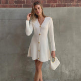 Elegant Woolen Women's Solid Color V - Neck Button Front A - Line Long Sleeve Eco - Friendly Plain Dyed Natural Waist - Zeprah