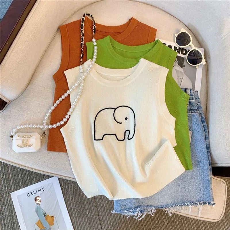 Elephant Knitted Hot Girl tank Femme Crop Top Women Camisole Unisex Knitted Vest - Zeprah