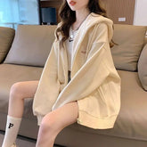 Embroidered Pattern Hooded Sweater Girls Cardigan Coat Spring Autumn Winter New Lazy Wind Loose Long Sleeve Coat - Zeprah