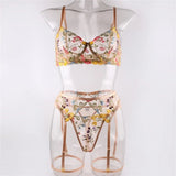 Embroidered Sexy Women's Underwear T Pants Bra Garter Belt Three - Piece Set - Zeprah