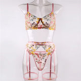 Embroidered Sexy Women's Underwear T Pants Bra Garter Belt Three - Piece Set - Zeprah