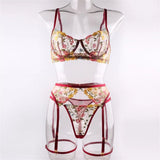 Embroidered Sexy Women's Underwear T Pants Bra Garter Belt Three - Piece Set - Zeprah