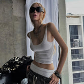 Euro American Style Women's White Short Patchwork Crop Top V - neck Sports Bra Sleeveless Tank Top Breathable Quick Dry - Zeprah