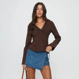 Euro American Vintage Style Women's Skinny Fit Striped Button Long Sleeve Blouse Brown Fashion Office Commute - Zeprah