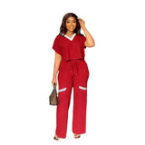 Europe and America Solid Color Casual Short - sleeved T-shirt Sports Suit Straight Pants Summer Women's 2 - piece set - Zeprah