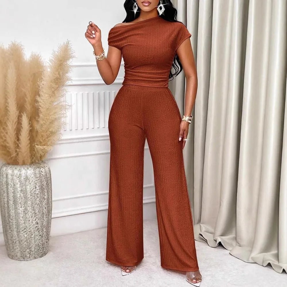 Europe and the United States Cross - border Solid Color Asymmetric Neckline Pleated Slim Top Wide Leg Pants Casual Two - Piece Set - Zeprah