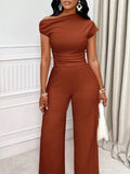 Europe and the United States Cross - border Solid Color Asymmetric Neckline Pleated Slim Top Wide Leg Pants Casual Two - Piece Set - Zeprah