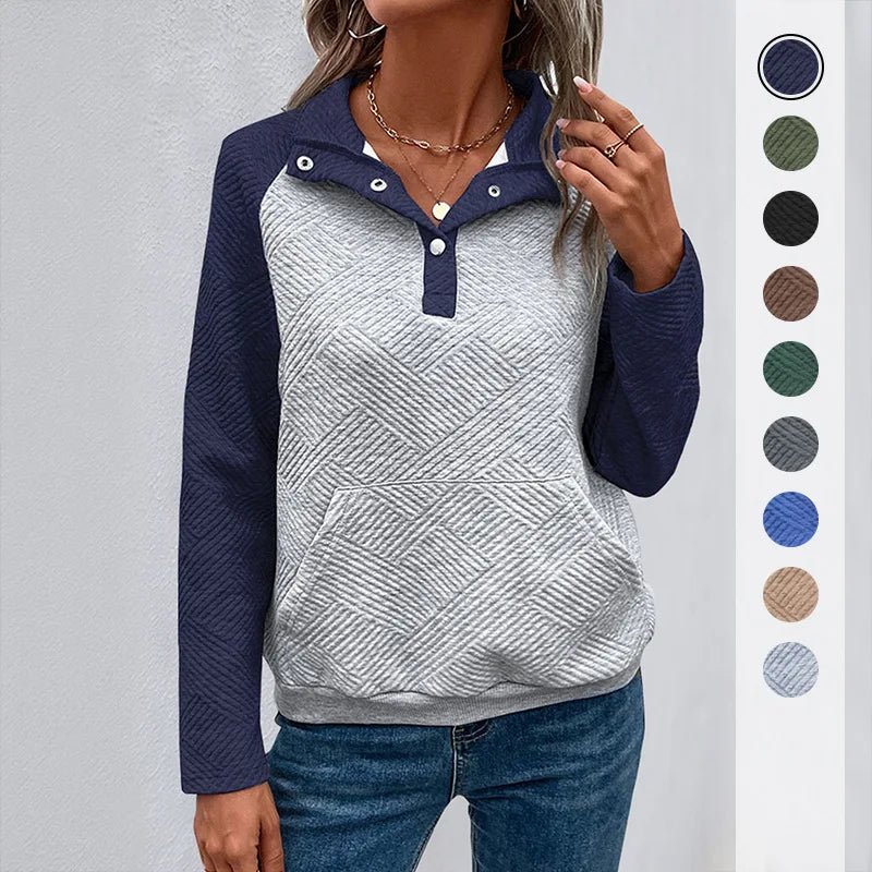 Europe US Hot Sale Autumn Sweater Casual Simple Style Pullover Color Blocking Button up Collar Women - Zeprah