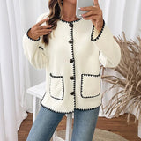 European American Autumn Commuting Casual Loose Minimalist Single Breasted White Trim Jacket - Zeprah