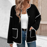 European American Autumn Commuting Casual Loose Minimalist Single Breasted White Trim Jacket - Zeprah