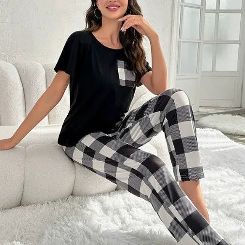 European American Cross - Border Women's Plaid Two - Piece Set Casual Comfortable Summer Homewear Pajamas Elastic Waist Pockets Thin - Zeprah