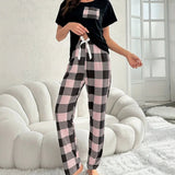 European American Cross - Border Women's Plaid Two - Piece Set Casual Comfortable Summer Homewear Pajamas Elastic Waist Pockets Thin - Zeprah