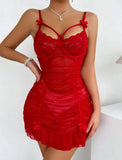 European American Female Sexy Lingerie Mesh Outfit Nightclub See - Through Ruched Camisole Dress - Zeprah